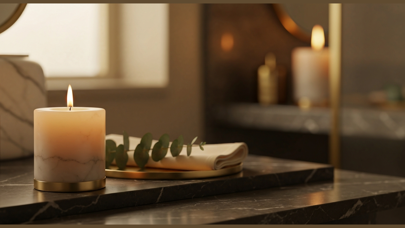 Lit marble candle with linen napkin