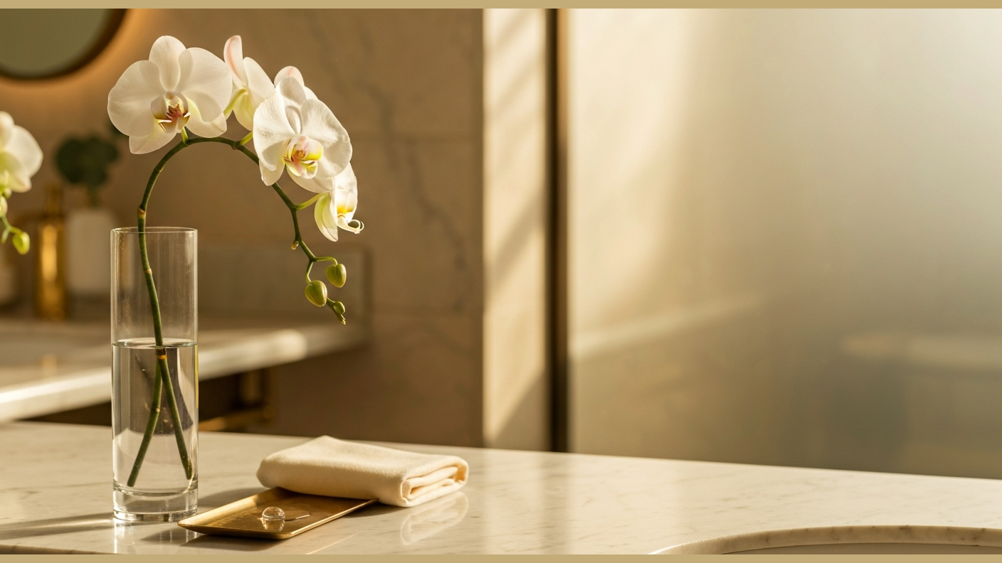 Single orchid stem in glass vase
