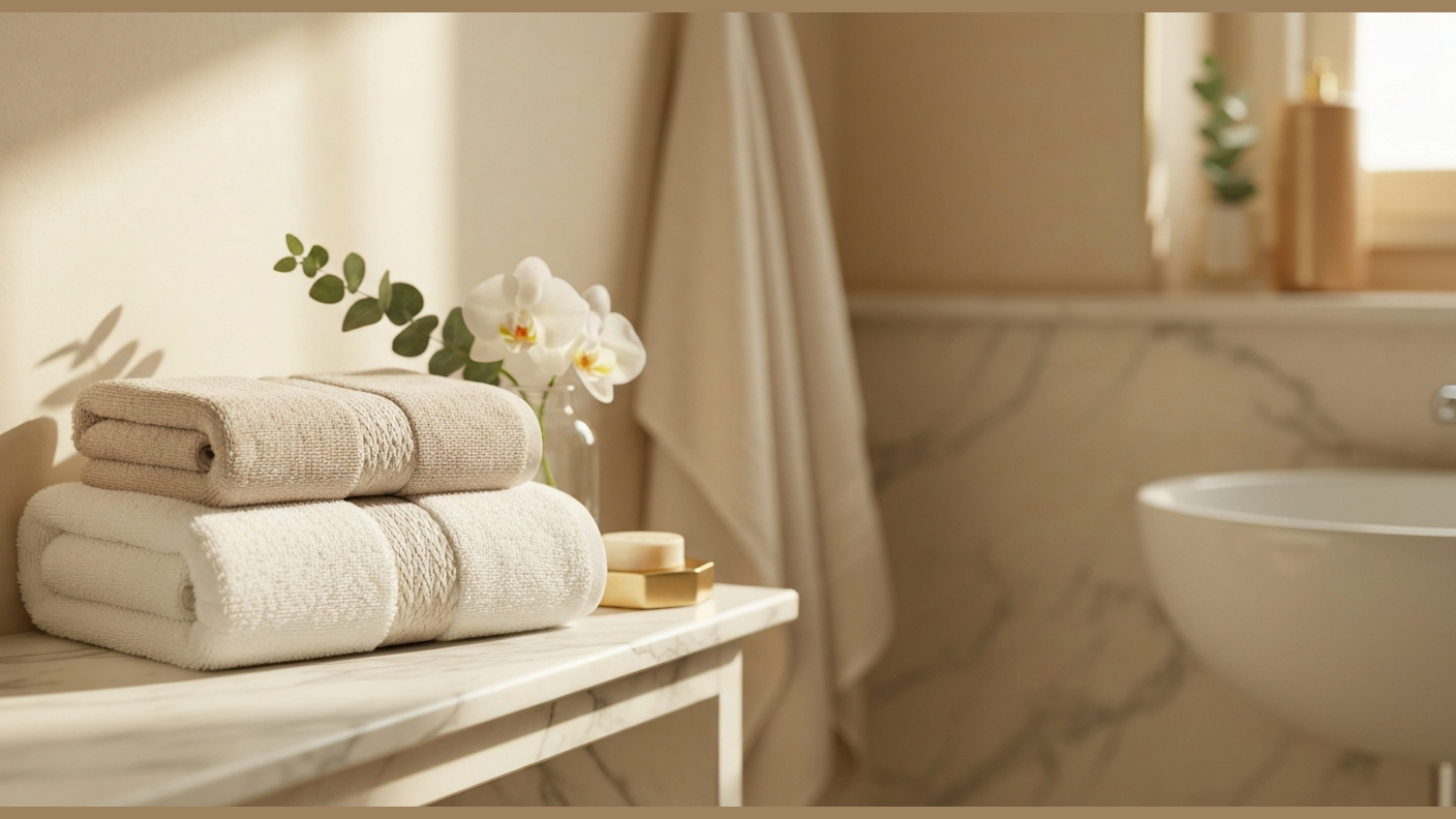 Folded luxury bath towels with orchid stem