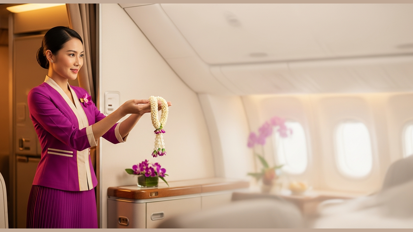 Thai cabin crew with jasmine garland