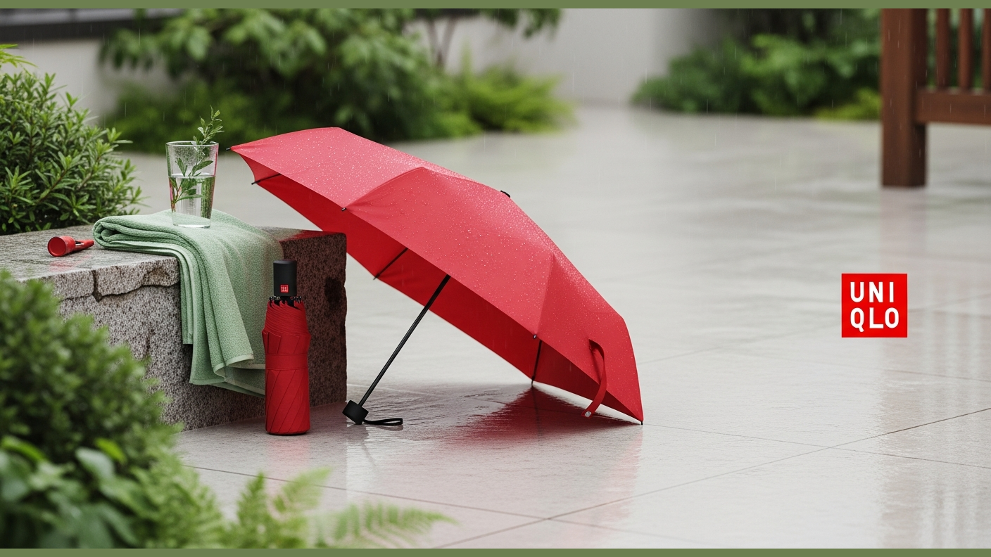 Rainy season — red umbrella + post-rain garden