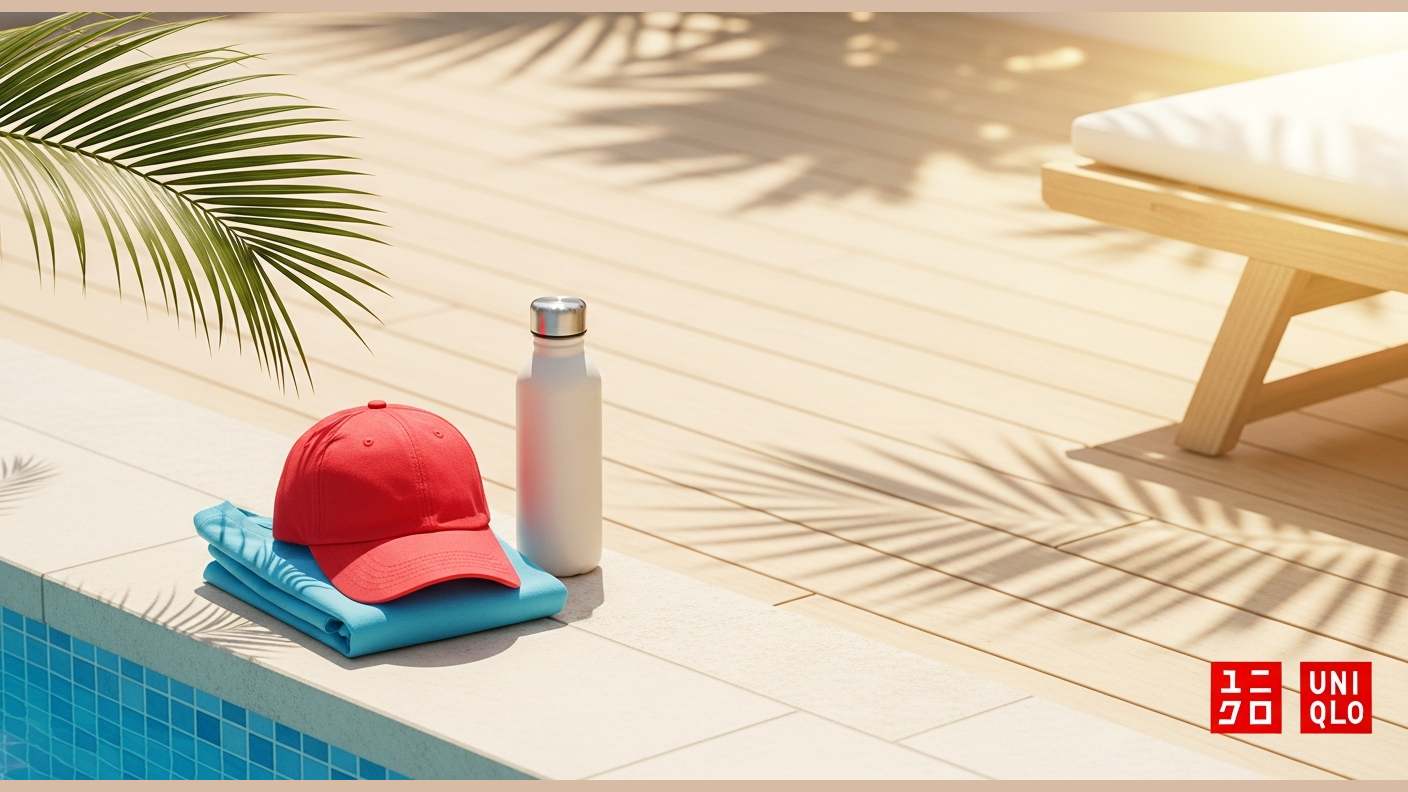 Summer — red cap + ice-blue poolside
